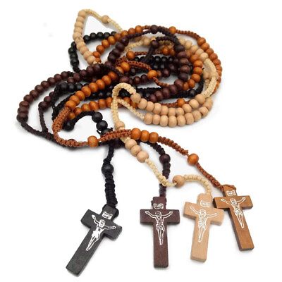 #ad Religious Cross Necklace Rosary Wooden Bead Resin Chain Unisex Jewelry Solid C $1.85