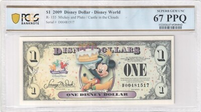 #ad 2009 $1 Disney Dollar Mickey amp; Pluto Castle Clouds PCGS SUPERB GEM UNC 67 PPQ $195.00