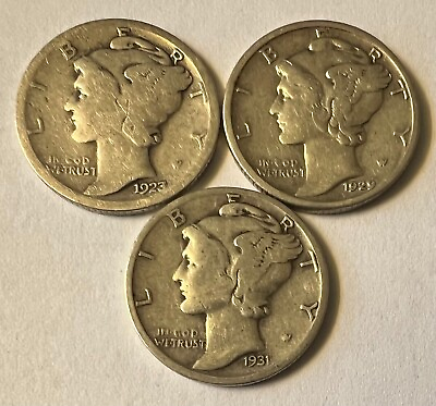 #ad 1923 P 1929 P 1931 S SET OF 3 MERCURY DIMES COINS SAME AS SHOWN IN PHOTO #24 $19.99