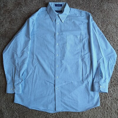 #ad Stafford Oxford Blue White Pinstriped Mens Button Shirt Long Sleeve 17 $11.00