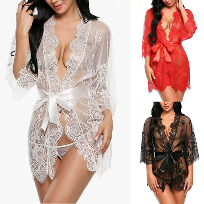 #ad Women Lace Sheer See through Sexy Lingerie Short Kimono Robe Mesh Nightgown Tops $7.61
