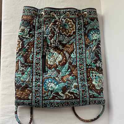 #ad Vera Bradley Java Blue Vintage Drawstring Backpack Retired Blue Brown Quilted $17.00