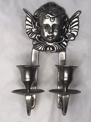 #ad Stainless wall sconce with cherub face angel wings and face. Two candle holder $12.00