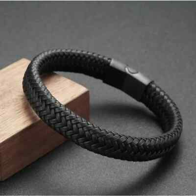 #ad Men#x27;s Braided Leather Bracelet Black on Black Design 8.5quot; Length $12.99