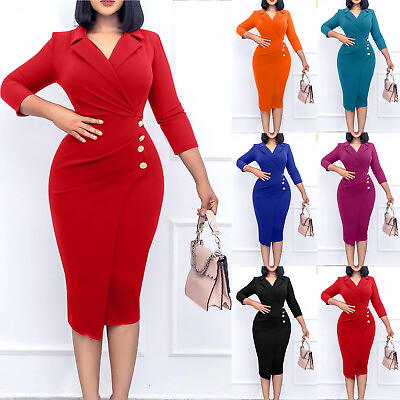 #ad Women#x27;s Solid Wrap Chest Suit Dress Long Sleeve Bodycon Slim Work Business Dress $30.35