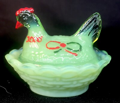#ad Boyd Art Glass Hand Painted Jade Green Rooster Chick Salt Christmas 2000 $21.49