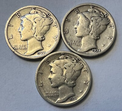#ad 1927 S 1934 P 1931 S SET OF 3 MERCURY DIMES COINS SAME AS SHOWN IN PHOTO #27 $19.99