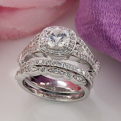 #ad 4.0Ct Round Lab Created Diamond Halo 14k White Gold Wedding Bridal Trio Ring Set $279.20
