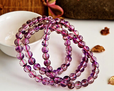 #ad 6.5mm Natural Purple Super 7 Purple Hair Rutilated Crystal Beads Bracelet AAA $214.79