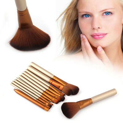 #ad 12Pcs Make Up Brushes Tool Makeup Foundation Blusher Brown Gold New 100Set Hot $2.21