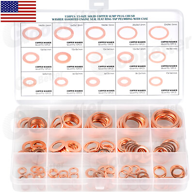 #ad 150x M5 M22 Copper Crush Washer Gasket Set Flat Ring Seal Assortment Kit O Ring $13.95