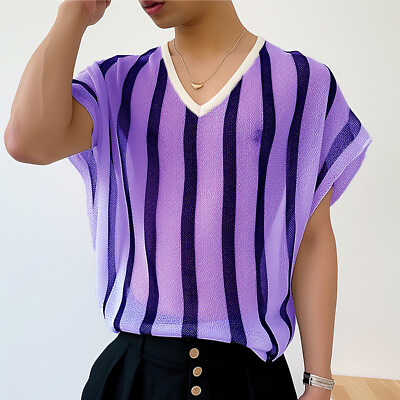 #ad INCERUN Mens V Neck Short Sleeve Sheer Striped Tops Casual Loose Shirt Blouse $16.14