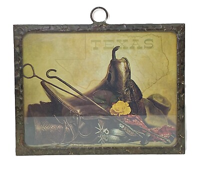 #ad Texas Cowboy Hidden Back Mirror Wall Art Sign Plaque Saddle Spurs Hat Yellow Ros $31.59