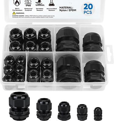 #ad 20 Pcs IP68 Waterproof Cable Gland Kit Nylon NPT Adjustable Cable Connectors A $31.99