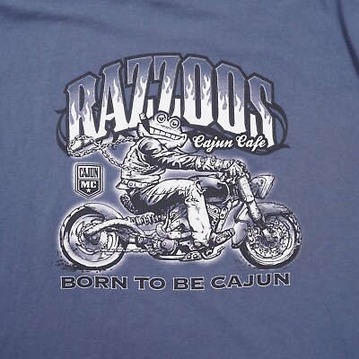 #ad Razzoos Cajun Cafe Motorcycle Frog Born To Be Cajun Mens XL Blue Cotton T Shirt $10.88