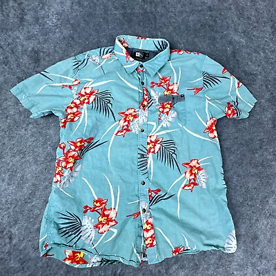 #ad Rip Curl Shirt Mens Large Blue Red Floral Hawaiian Button Up Short Sleeve $14.39
