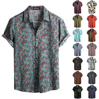 #ad Mens Summer Shirts Short Sleeve Tops Men Casual Vacation Leaves Print Tee Button $17.67