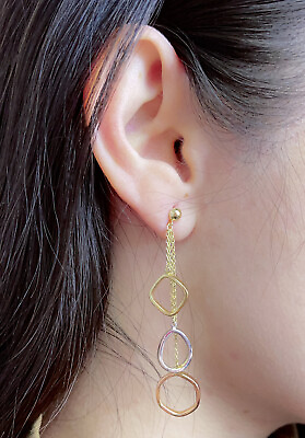 #ad 14K Tri Color Gold Diamond Teardrop Hexagon Shaped Fancy Drop Earrings $359.99