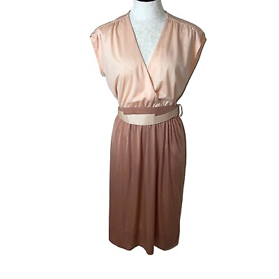 #ad Leslie Fay Original Dress Womens Size Medium Vintage Peach Tan A Line Faux Wrap $74.28