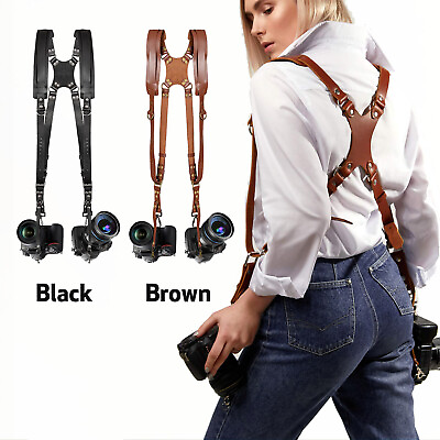 #ad Leather Dual Camera Strap Harness QR Multi Gear Camera Shoulder Adjustable Belt $44.10
