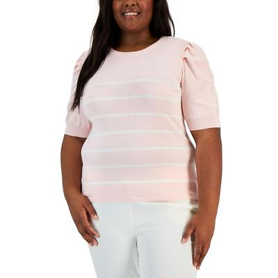 #ad Anne Klein Womens Striped Puff Sleeves Boatneck Pullover Top Plus BHFO 3067 $14.99