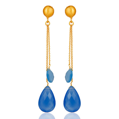 #ad Blue Chalcedony Gemstone 925 Silver 18k Gold Plated Wedding Dangle Earrings $26.67