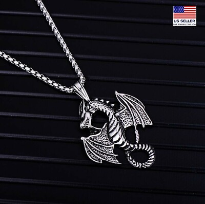 #ad MEN Stainless Steel Retro Punk Spitfire Flying Dragon Pendant Necklace 0819 $6.99