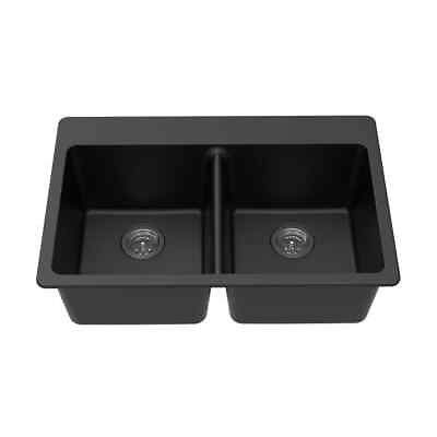 #ad Winpro Undermount Kitchen Sink 33quot; Double Equal Bowl Dual Mount 0 5 Faucet Black $328.87
