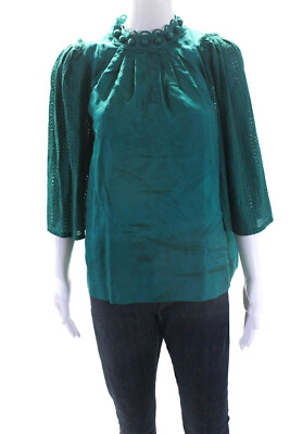 #ad 3.1 Phillip Lim Womens Eyelet 3 4 Sleeve Silk Blouse Teal Green Size 10 $73.19