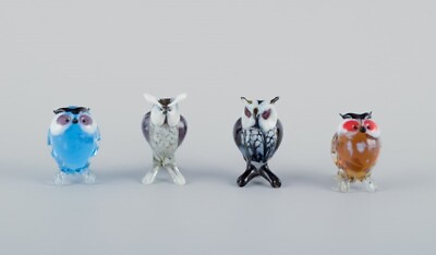#ad Murano Italy. Collection of four miniature glass figurines of owls. 1960 70s $270.00