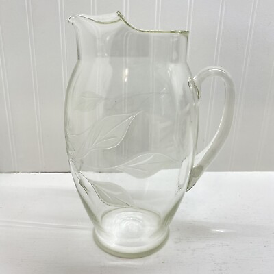 #ad Vintage glass Jug pitcher Clear Etched Floral $16.95