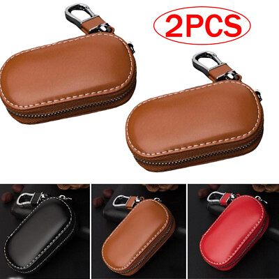 #ad 2Pcs Leather Car Remote Key Fob Chain Zipper Pouch Wallet Holder Bags Case Cover $12.97