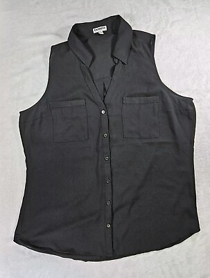 #ad Express Collared Tank Size Large Button Up Sleeveless Blouse Black Semi Sheer $9.96