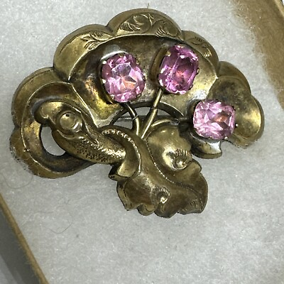#ad Antique Victorian Pink Paste Rhinestone Glass Pinchbeck Gold Filled Brooch Pin $65.00