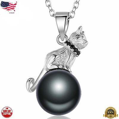 #ad Pearl Cat amp; Moon Pendant Necklace 925 Sterling Silver Plated Jewelry Gift Party $4.24