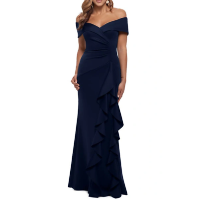 #ad XSCAPE Ava Evening Gown 4 Midnight Navy Blue Off the Shoulder Ruffle Dress NWOT $126.00