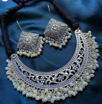 #ad Ethnic Bollywood Style Boho Tibetan Silver Oxidized Indian Choker Necklace Set $14.07