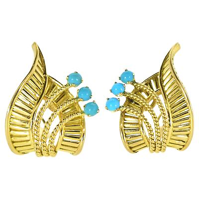#ad 18K Yellow Gold Earrings with Fine Turquoise in a Leaf Motif Vintage c. 1950. $1691.00