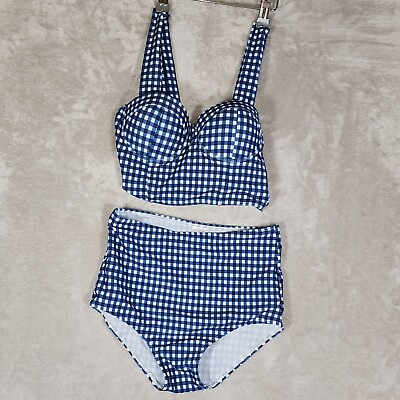 #ad I Like Bikini Set Womens Medium Blue White Gingham Checkered Swimming Pool Beach $19.99
