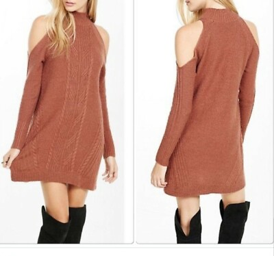 #ad Express Cable Knit Cold Shoulder High Neck Cognac Rust Large Sweater Short Dress $32.00