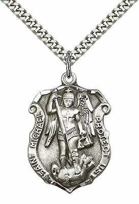 #ad St. Michael the Archangel Pendant St. 24quot; Stainless Silver Heavy Curb Chain $97.25