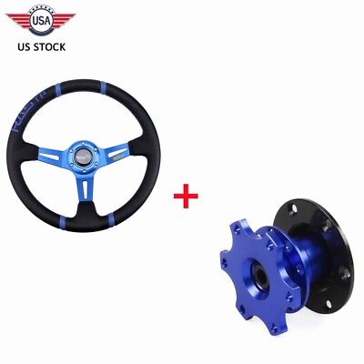 #ad Blue 350mm Deep Dished Racing Aluminum Steering Wheel amp; Quick Release Hub Kit $43.59