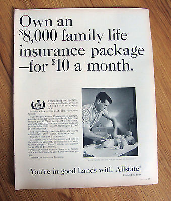 #ad 1965 Allstate Insurance Ad Own an $8000 Family Life Package $10 a Month $4.00
