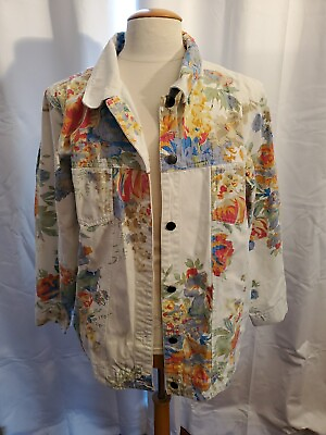 #ad Susan Graver Stretch White Floral Print Denim Vintage Utility Jacket Antique $24.99