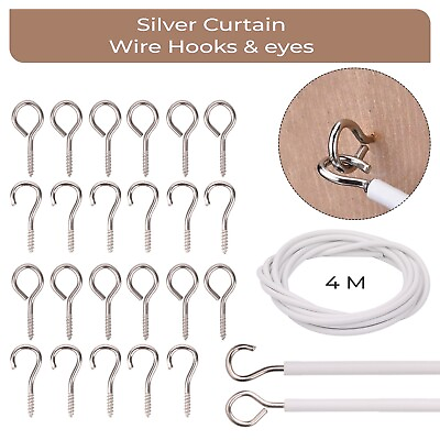 #ad White Net Curtain Wire Cord Cable with Hooks and Eyes Fittings Window 4M wire $3.38