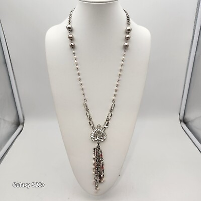 #ad STUNNING Plunder SilverTone Long Necklace Tassle Lariat Pendant Bead Rhinestone $45.99