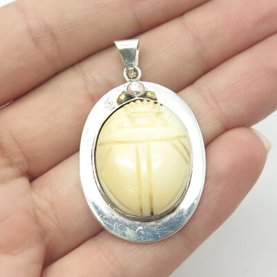 #ad CAPSI 925 Sterling Silver 2 Tone Vintage Mexico Carved Scarab Amulet Pendant $99.95
