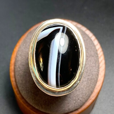 #ad Vintage Handmade Sterling Silver 925 Black amp; White Agate Gemstone Ring Size 6.25 $49.00