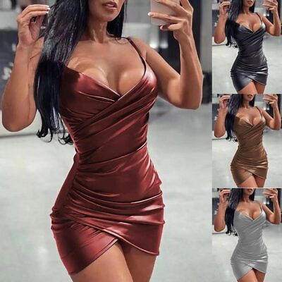 #ad Women#x27;s PU Bodycon Wrap Cami Sexy Dresses Ladies Evening Cocktail Party Dress US $21.98