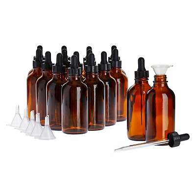 #ad 15 Pack 4 oz Amber Glass Eye Dropper Bottles amp; 6 Funnels for Essential Oils $25.19